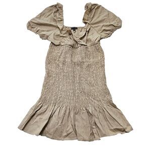 NWT Miou Muse Women's Tan Smocked Bodice Puff Sleeve Linen Blend Mini Dress Sz M
